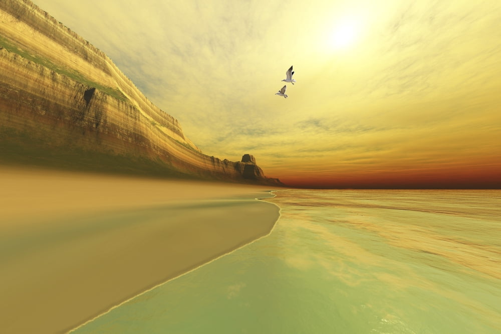 Seagulls fly near the mountains of this seascape Canvas Art - Corey FordStocktrek Images (18 x 12)