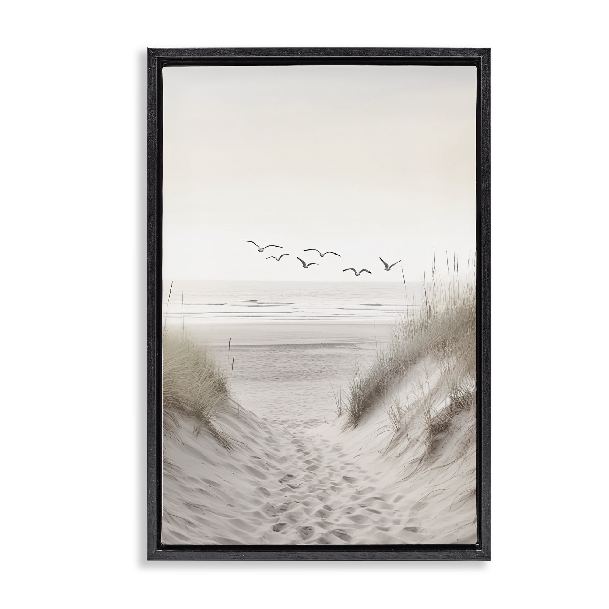 Seagulls over Sandy Footprints Black Framed Floater Canvas Wall Art, design by Decent Exposures