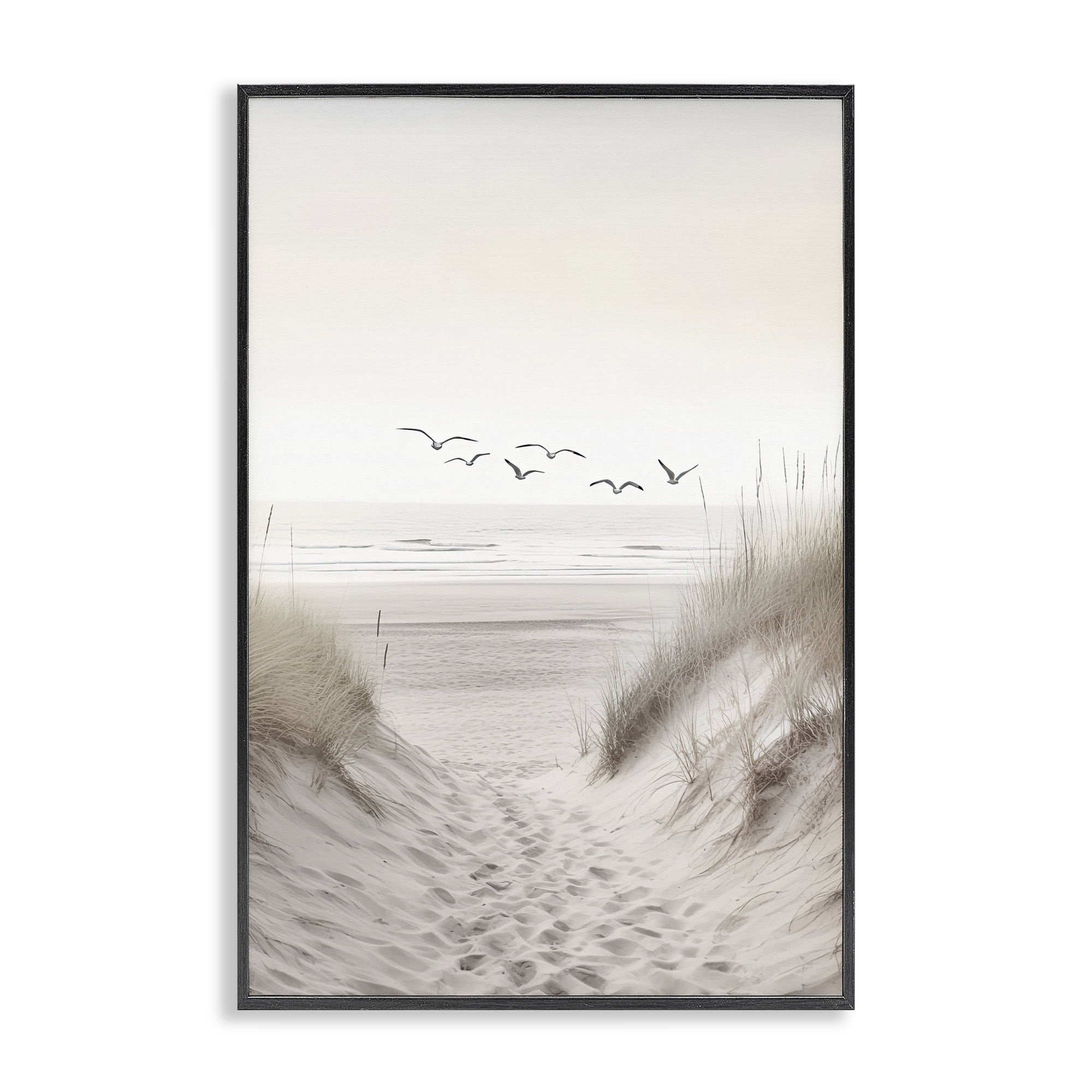 Seagulls over Sandy Footprints Black Framed Giclee Art, design by Decent Exposures
