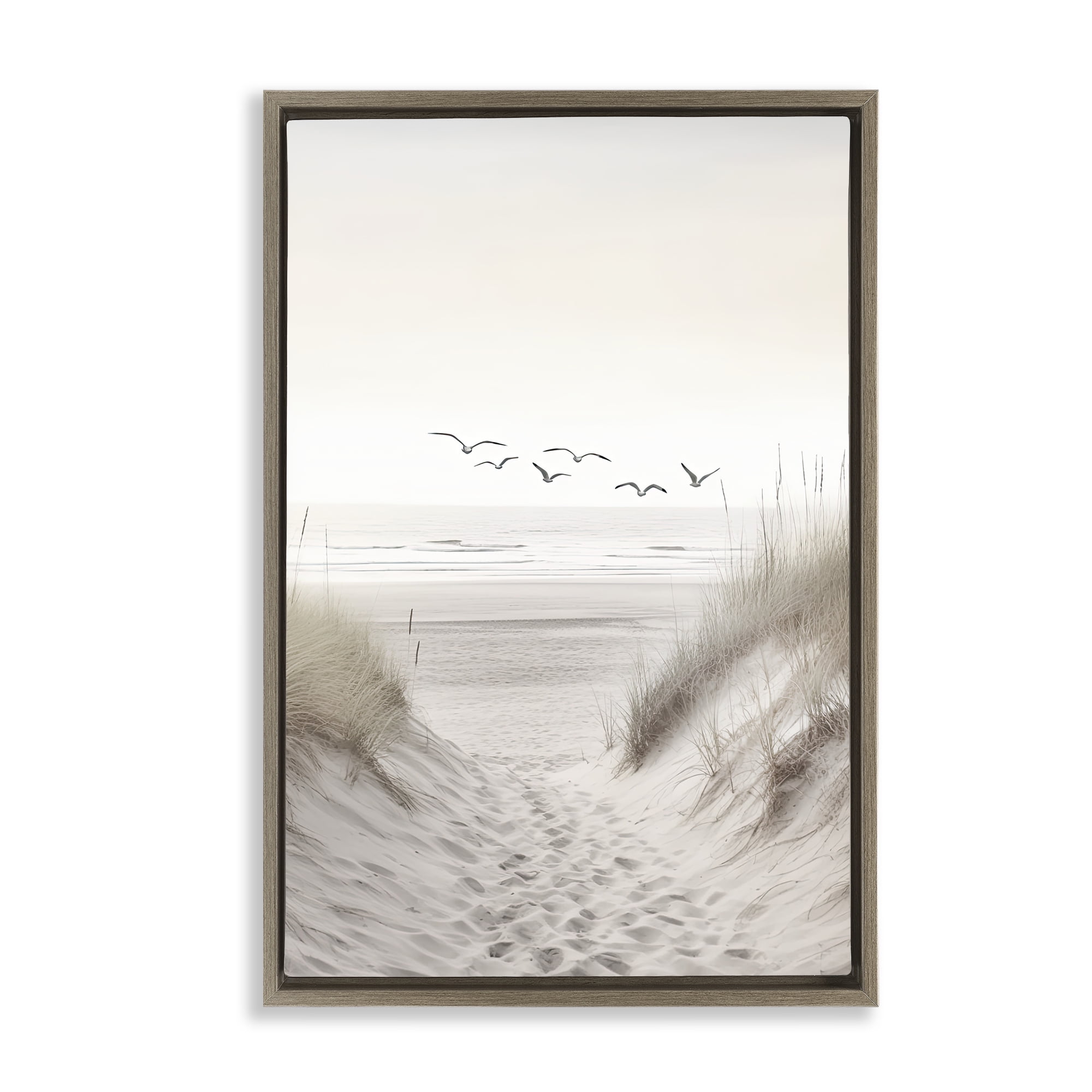 Seagulls over Sandy Footprints Brown Framed Floater Canvas Wall Art, design by Decent Exposures