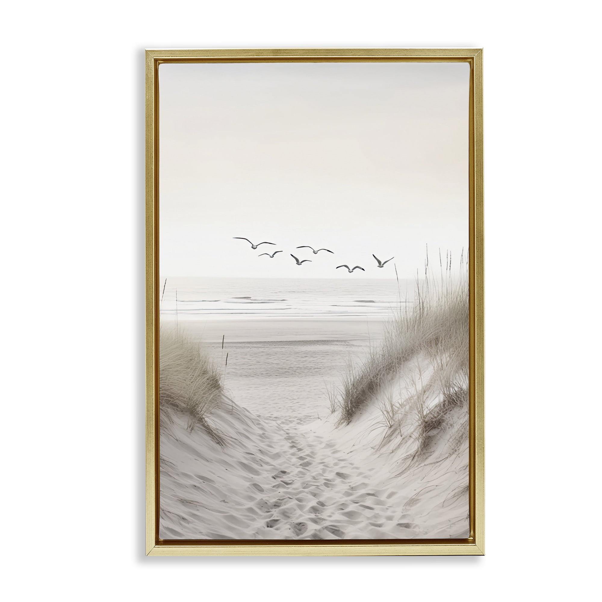 Seagulls over Sandy Footprints Gold Framed Floater Canvas Wall Art, design by Decent Exposures