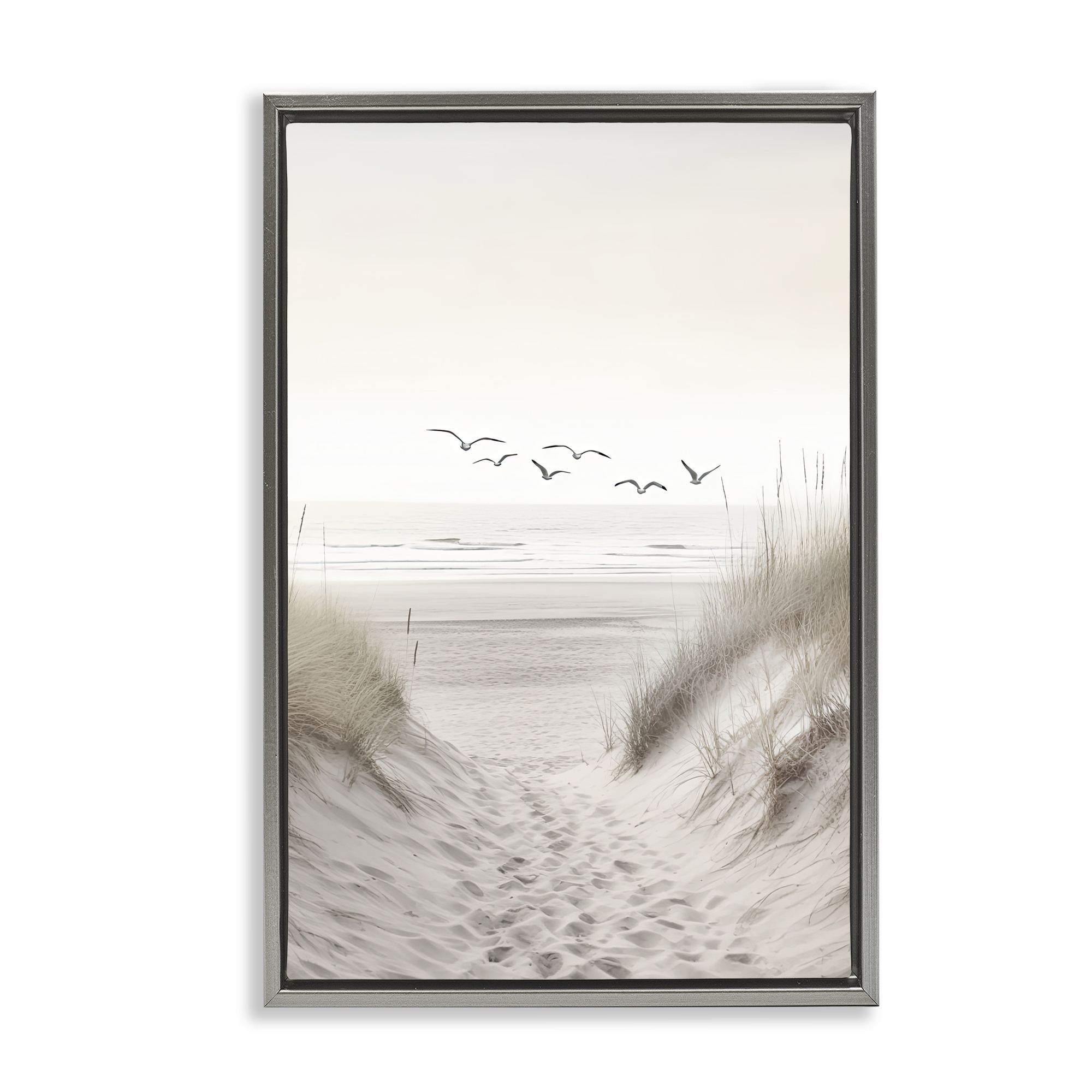 Seagulls over Sandy Footprints Gray Framed Floater Canvas Wall Art, design by Decent Exposures