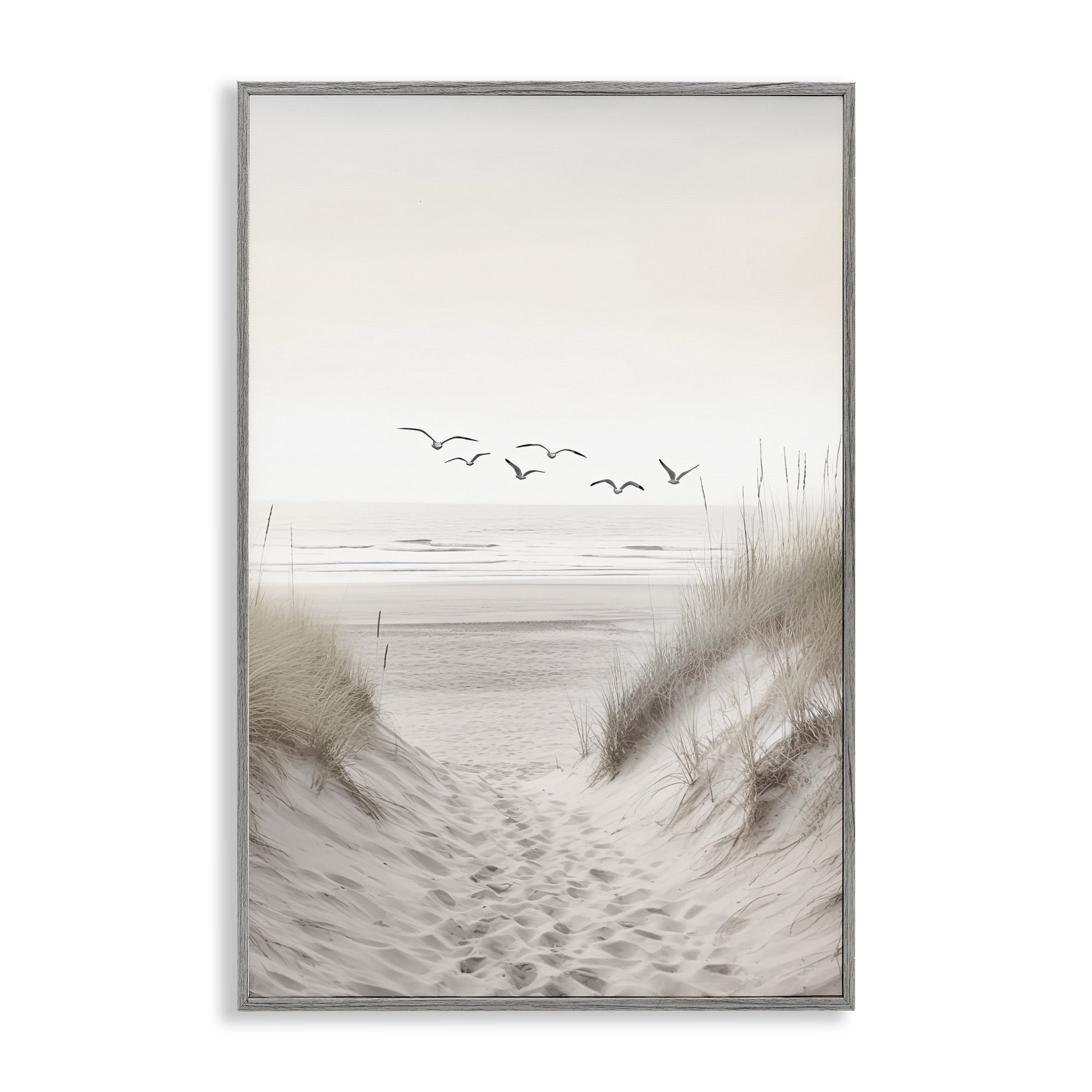 Seagulls over Sandy Footprints Gray Framed Giclee Art, design by Decent Exposures