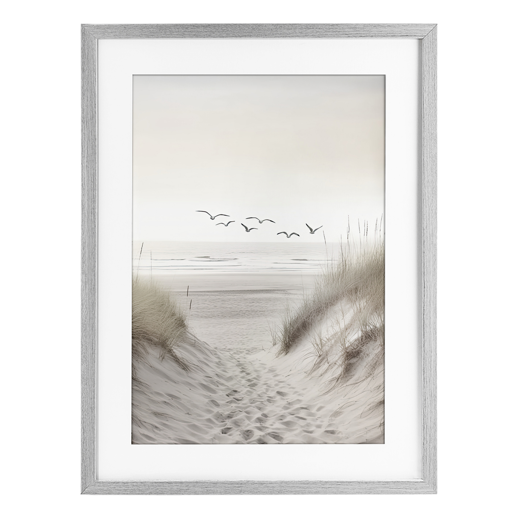 Seagulls over Sandy Footprints Gray Framed Print Under Glass, design by Decent Exposures
