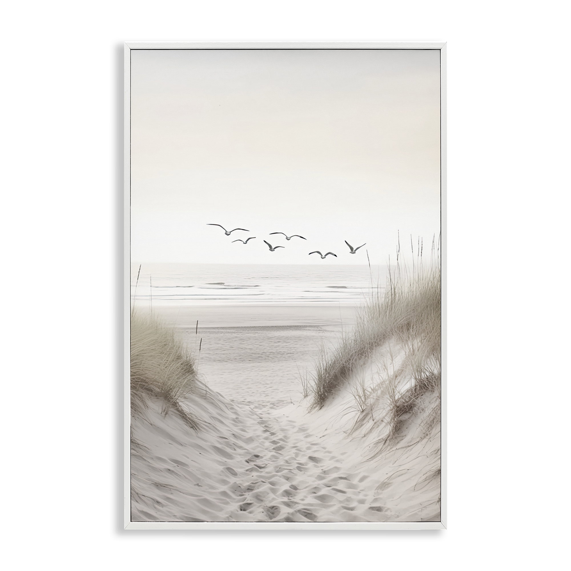 Seagulls over Sandy Footprints White Framed Giclee Art, design by Decent Exposures