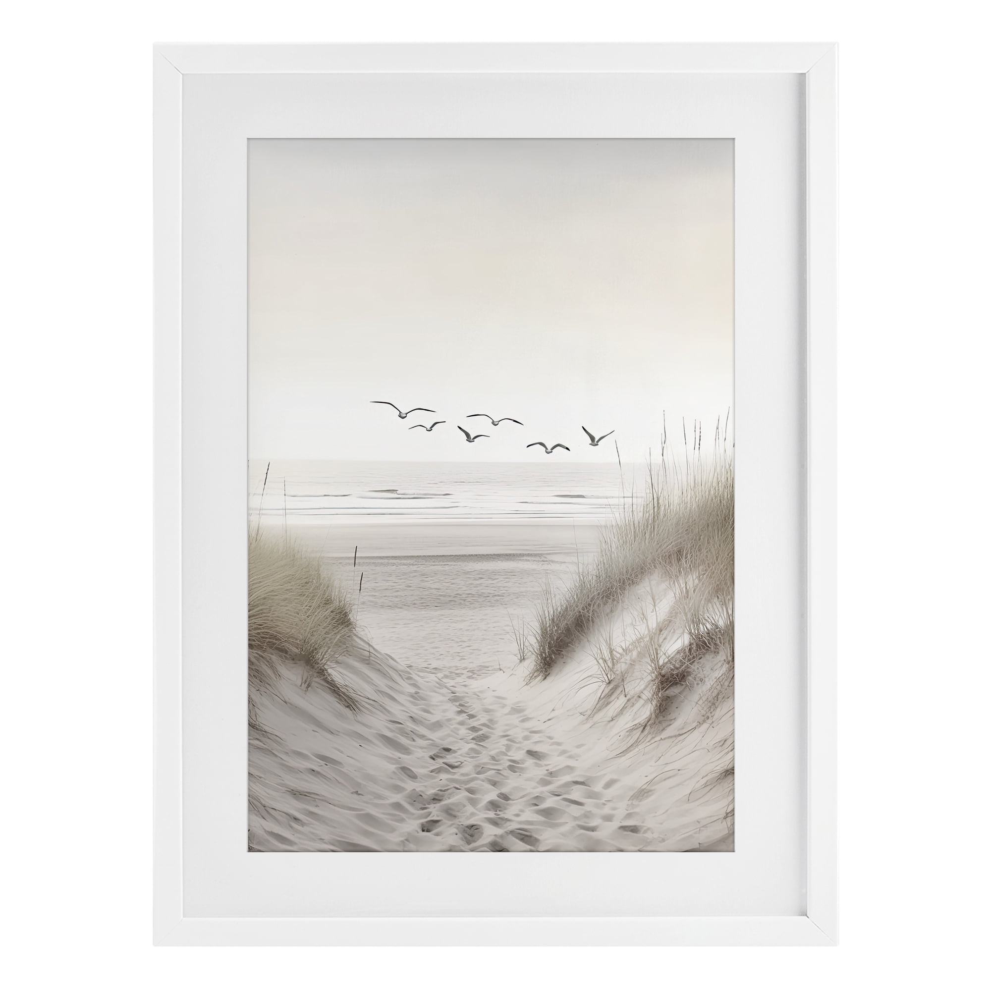 Seagulls over Sandy Footprints White Framed Print Under Glass, design by Decent Exposures