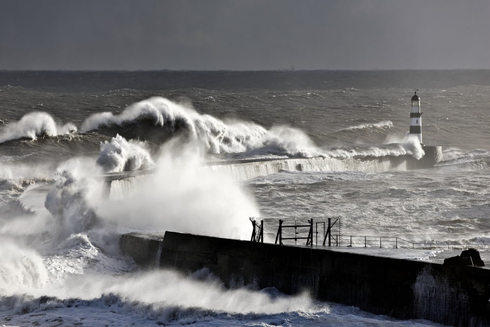 Seaham England Stormy Waves Pounding Seawall Canvas Art - John Short Design Pics (18 x 12)
