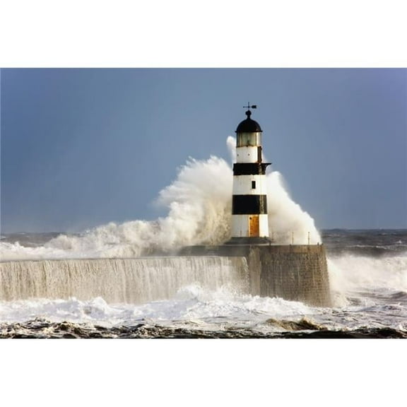 Seaham Teesside England - Waves Crashing Against A Lighthouse Poster Print, 19 x 12