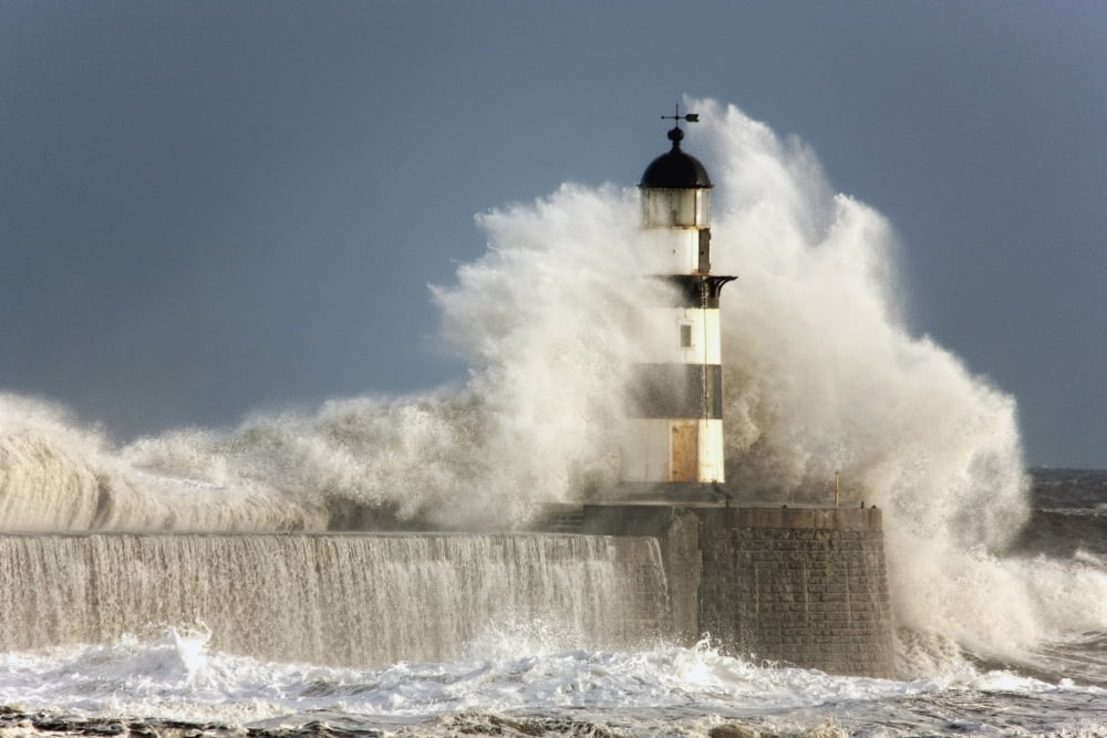 Seaham Teesside England Waves Crashing Into A Lighthouse Canvas Art - John Short Design Pics (19 x 12)
