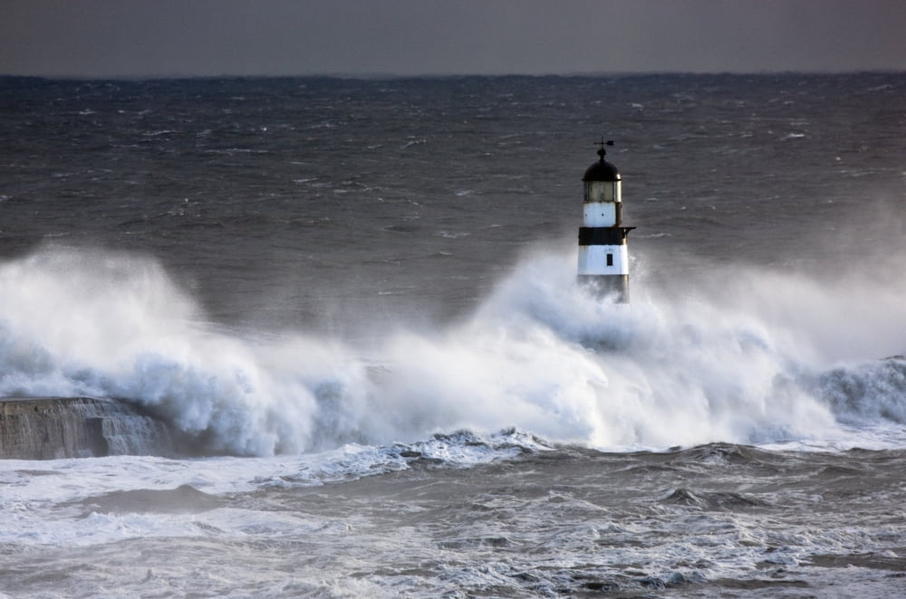 Seaham Teesside England Waves Crashing On Lighthouse Canvas Art - John Short Design Pics (38 x 24)
