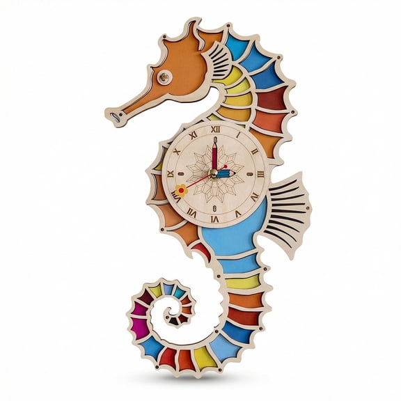 Seahorse 3D Wooden Puzzle Wall Clock Kit, 42-Piece DIY Building Set, Layered Basswood Home Decor Gift for Adults