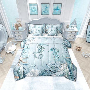 Seahorse 7 Piece Comforter Set Full Bed in a Bag,Teal Blue Ocean Beach Coastal Bedding Set Starfish Octopus Tentacles Sheet Sets Comforter Underwater Creature Coral Bed Set,Kawaii Fish Room Decor