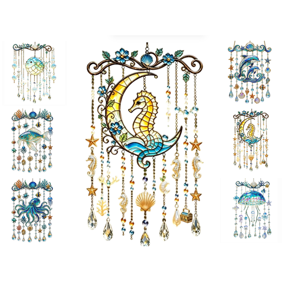 Seahorse Acrylic Wind Chime, Multi-Style Ocean Creature Hanging Suncatcher, Beaded Crystal Drop Design Indoor Outdoor Wall Window Hanging Decor