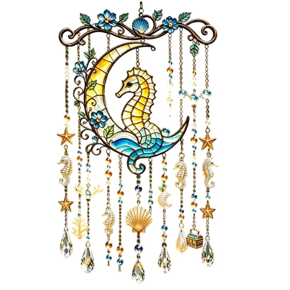 Seahorse Acrylic Wind Chime, Stained Glass Style Underwater Creature Hanging Ornament, Jellyfish Seahorse Fish Dolphin Octopus Pattern Window Suncatcher for Coastal Home Decor