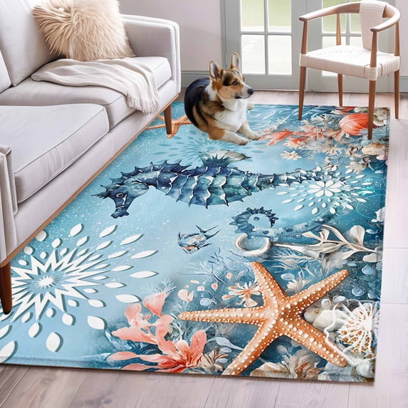 Seahorse Area Rugs 3x5 ft Coral Starfish Ocean Coastal Washable Rug Non Slip Indoor Carpet Absorbent Floor Mat for Living Room Bedroom Dining Room
