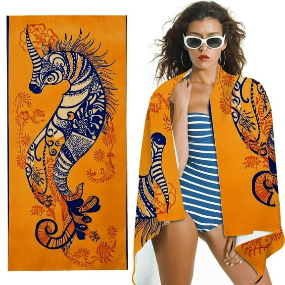 Seahorse Beach Towel – Blue and Orange with A Tropical Design,  Bright, Colorful Pool Towel