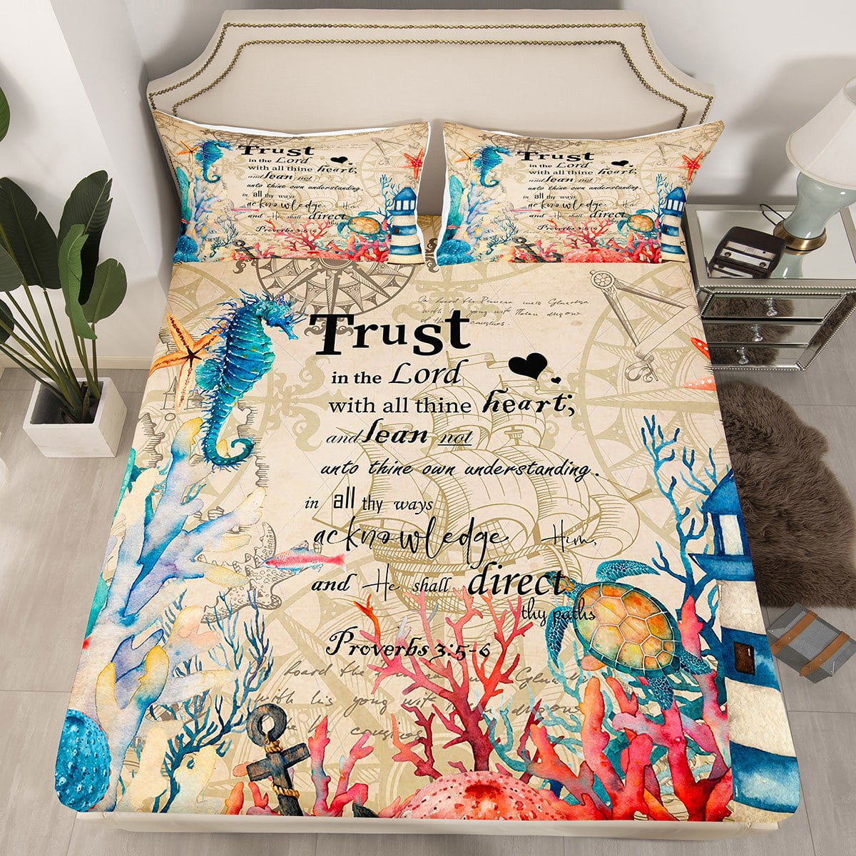 Seahorse Bed Sheets Twin,Sea Turtle Bedding Set Nautical Lighthouse