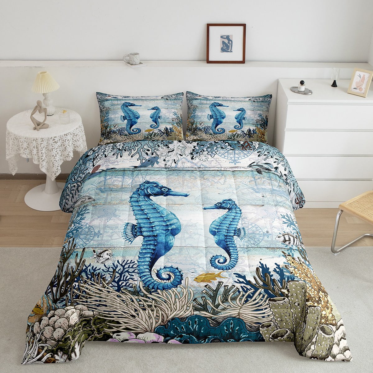 Seahorse Bedding Set Vintage Ocean Quilt Retro Coral Seaweed Reef