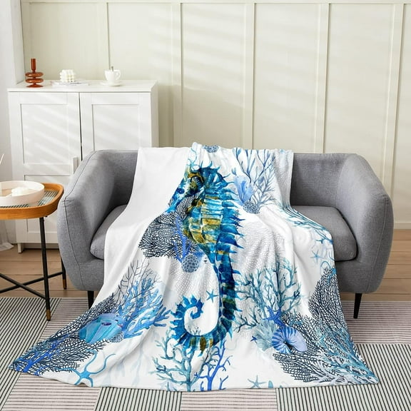 Seahorse Blanket 40"X50", 3D Seahorse Printed Plush Bed Blanket For Kids Teens Youth Adult, Coastal Ocean Life Throw Blanket For Bed Sofa Patio Camping, Sealife Coral Sherpa Blanket, Blue White
