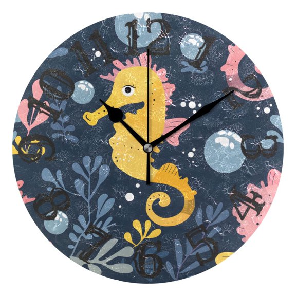 Seahorse Bubble 10 inch Wall Clocks Non Ticking Easy to Read Battery Decorative for Home Bathroom Kitchen Bedroom Living Room