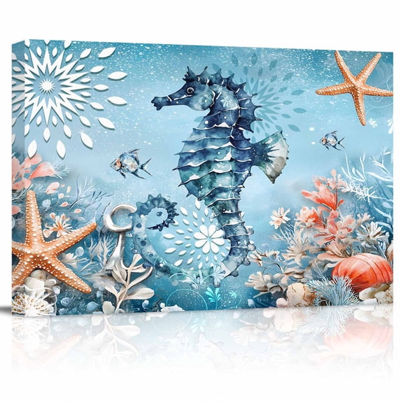 Seahorse Canvas Print Wall Art Coral Starfish Ocean Coastal Pictures Painting Morden Artwork for Living Room Bedroom, Ready to Hang - 12"x16"