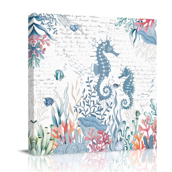 Seahorse Canvas Wall Art for Living Room, Watercolor Seaweed Fish Coral White Letter Texture Poster Print Painting for Bedroom Office Home Decoration Wall Pictures Prepare To Hang 8"x8"
