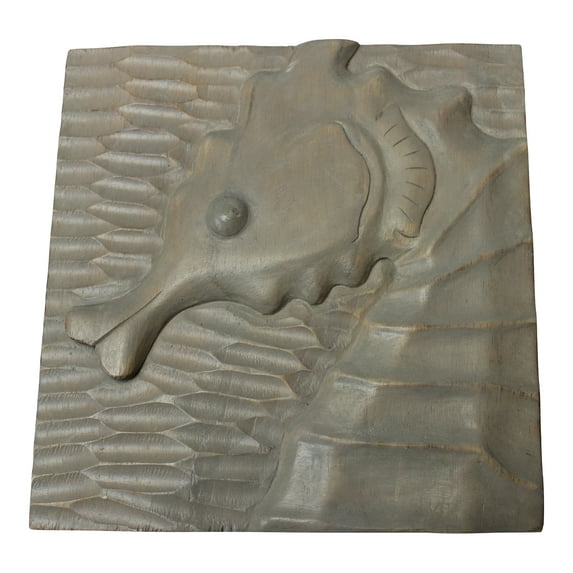 Seahorse Carved Wood Two Dimensional Gray Washed Wall Plaque 10 Inches