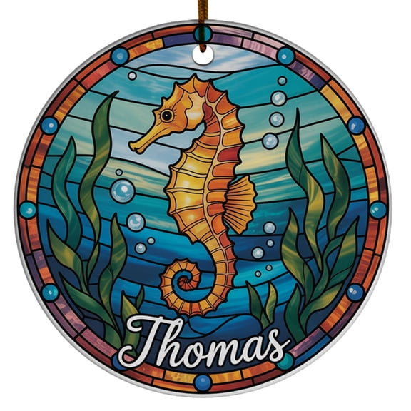 Seahorse Christmas Ornament 2025, Custom Name Text Seahorse Gift for Animal Sea Lovers, Circle Christmas Ornament, Christmas Ornament, Custom Gift