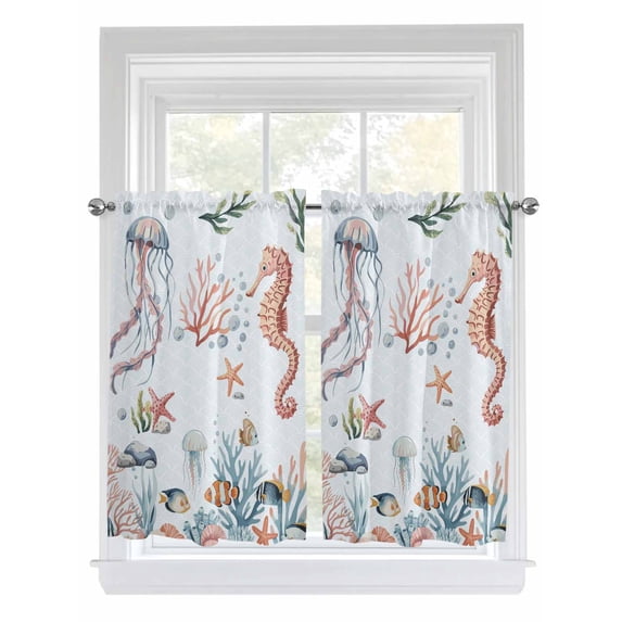 Seahorse Coastal 2 Panel Kitchen Curtains for Windows, Summer Beach Ocean Shell Jellyfish Starfish Bathroom Privacy Curtain, Home Décor Window Treatment for Bedroom/Living Room 55"x45"