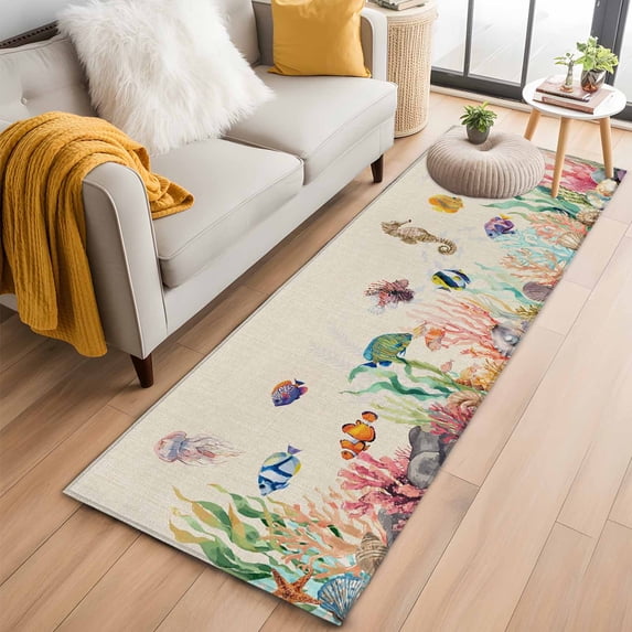 Seahorse Coastal 2'x6' Runner Rugs for Hallway Kitchen Bedside Non Slip, Nautical Ocean Summer Beach Coral Rustic Entryway Rug Runners with Rubber Backing, Long Carpet Runner for Laundry Room