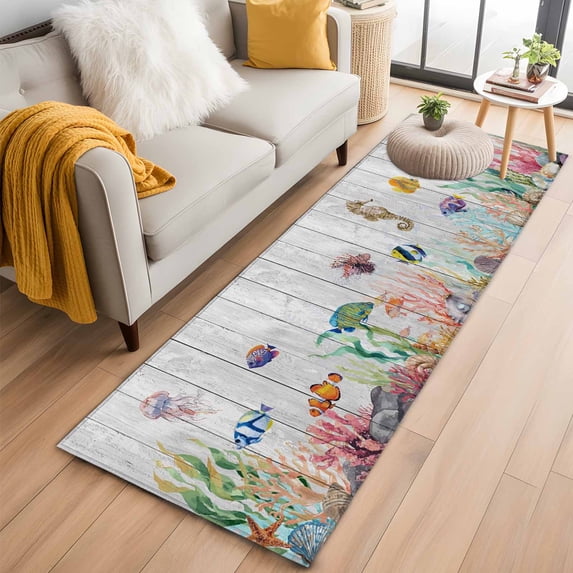 Seahorse Coastal 2'x6' Runner Rugs for Hallway Kitchen Bedside Non Slip, Nautical Ocean Summer Beach Coral Wooden Entryway Rug Runners with Rubber Backing, Long Carpet Runner for Laundry Room