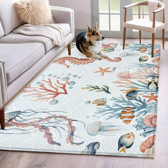 Seahorse Coastal Area Rugs 3'x5', Small Throw Rugs for Living Room Bedroom, Summer Beach Ocean Shell Jellyfish Starfish Indoor Outdoor Rug Non-Slip Low Pile Carpet Runner Reversible Floor Mats