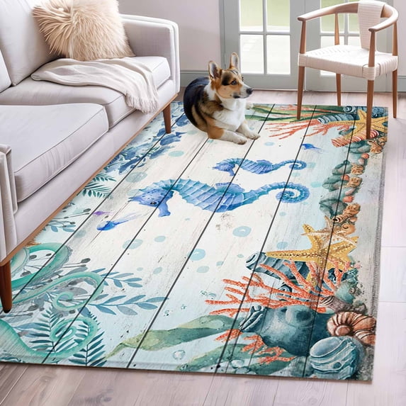 Seahorse Coastal Area Rugs 3'x5', Small Throw Rugs for Living Room Bedroom, Summer Nautical Starfish Coral Grey Wooden Indoor Outdoor Rug Non-Slip Low Pile Carpet Runner Reversible Floor Mats