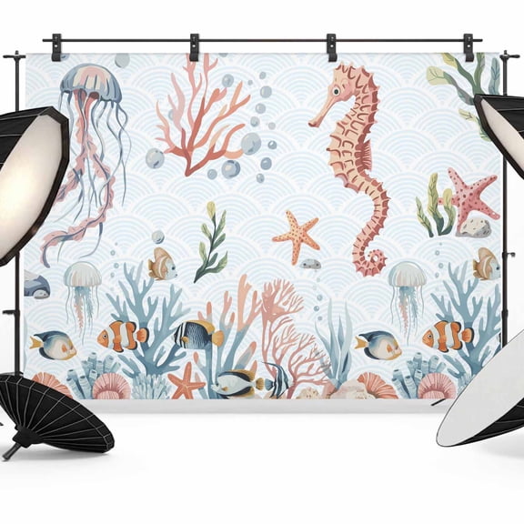 Seahorse Coastal Backdrop for Photography,Fabric Photo Background Backdrop,Summer Beach Ocean Shell Jellyfish Starfish Photo Booth Background for Portrait Photoshoot Video Wedding Studio Banner 7x5ft