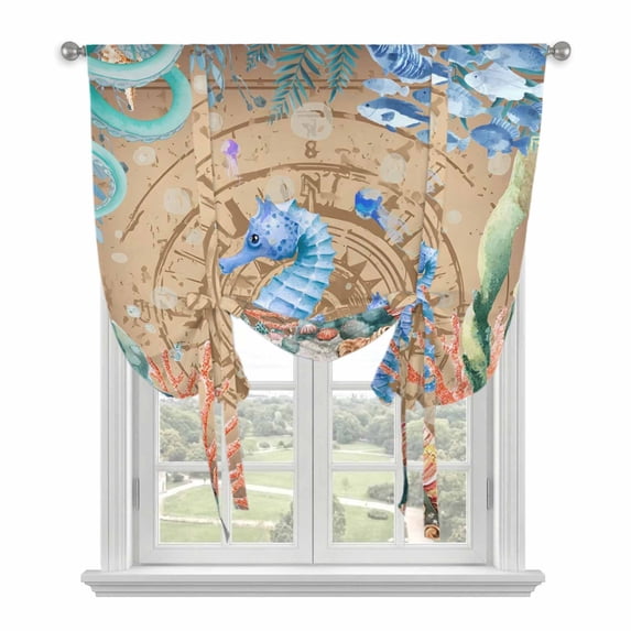 Seahorse Coastal Balloon Curtains 63 Inch Length for Living Room/Bedroom, Summer Nautical Starfish Coral Brown Anchor Rod Pocket Privacy Door Curtains Decorative Tie Up Shade for Window 52"x63"