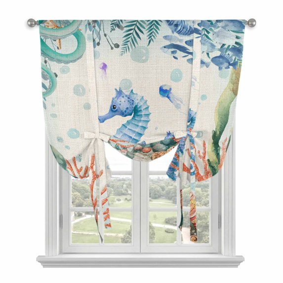 Seahorse Coastal Balloon Curtains for Bedroom/Front Door/Bathroom, Summer Nautical Starfish Coral Beige Tie Up Curtains 63 Inch Length Light Filtering Kitchen Curtains Shades for Windows 46"x63"