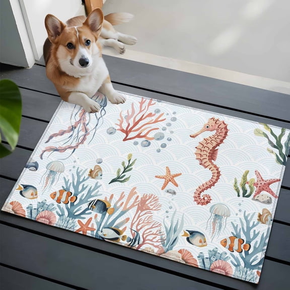 Seahorse Coastal Bathroom Mat 2x3 FT, Non Slip Small Kitchen Mat, Summer Beach Ocean Shell Jellyfish Starfish Washable Soft Backed Front Door Throw Rug Indoor Outdoor Doormat for Entryway