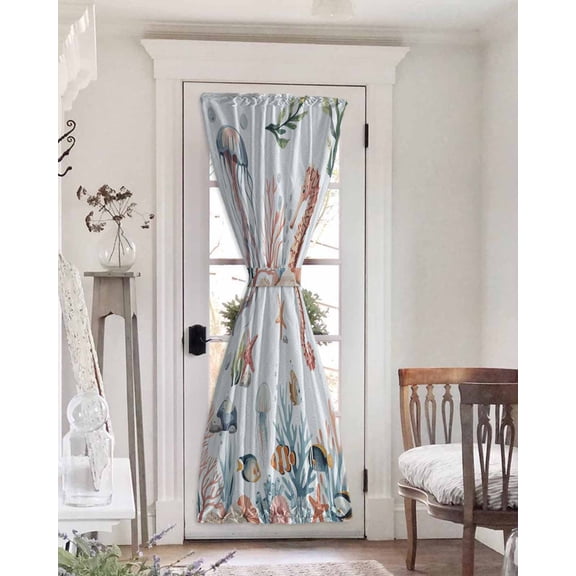 Seahorse Coastal Blackout Door Curtains for French, Glass,Front, Back, Patio Door, Summer Beach Ocean Shell Jellyfish Starfish Thermal Insulated Rod Pocket Window Curtain Drapes With Tiebacks 25"x72"