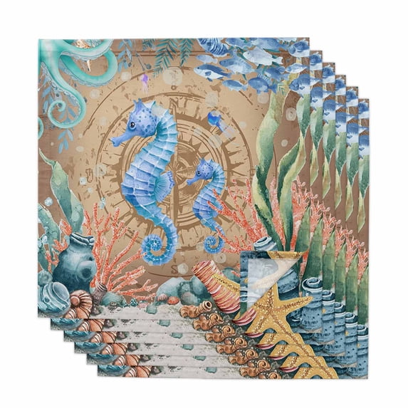 Seahorse Coastal Cloth Napkins, Summer Nautical Starfish Coral Brown Anchor Washable and Reusable Dinner Napkins Set of 6, Table Napkin for Kitchen Party Birthday Wedding Hotel Housewarming 20"x20"