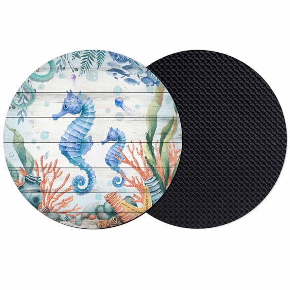 Seahorse Coastal Coasters Set of 2, Absorbent Coasters for Drinks, Summer Nautical Starfish Coral Grey Wooden Coaster for Desk Coffee Table Protection, Home Decor House Warming Gifts 4"