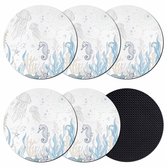 Seahorse Coastal Coasters Set of 6, Absorbent Coasters for Drinks, Summer Beach Ocean Nautical Coral Coaster for Desk Coffee Table Protection, Home Decor House Warming Gifts 4"