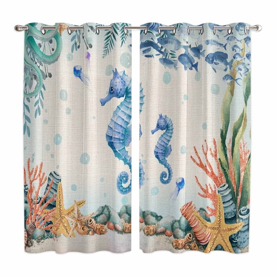 Seahorse Coastal Kitchen Curtains Window Panels, Summer Nautical Starfish Coral Beige Insulated Window Treatment Curtain, Grommet Curtains for Bedroom/Living Room/Bathroom, 2 Piece 42"Wx63"L