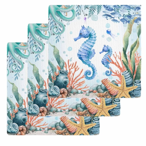 Seahorse Coastal Kitchen Dish Towels for Drying Dishes Set of 3, Summer Nautical Starfish Coral Ocean Waffle Weave Microfiber Hand Tea Bathroom Towels Quick Dry & Absorbent Towel 12x12