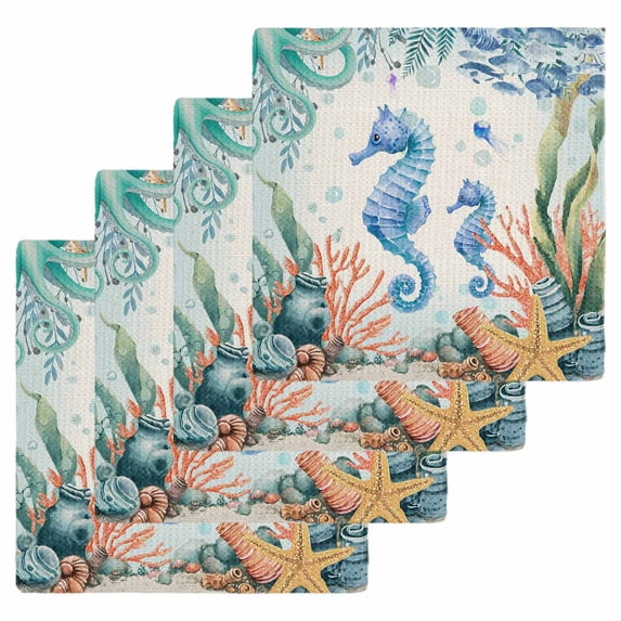 Seahorse Coastal Kitchen Dish Towels for Drying Dishes Set of 4, Summer Nautical Starfish Coral Beige Waffle Weave Microfiber Hand Tea Bathroom Towels Quick Dry & Absorbent Towel 12x12