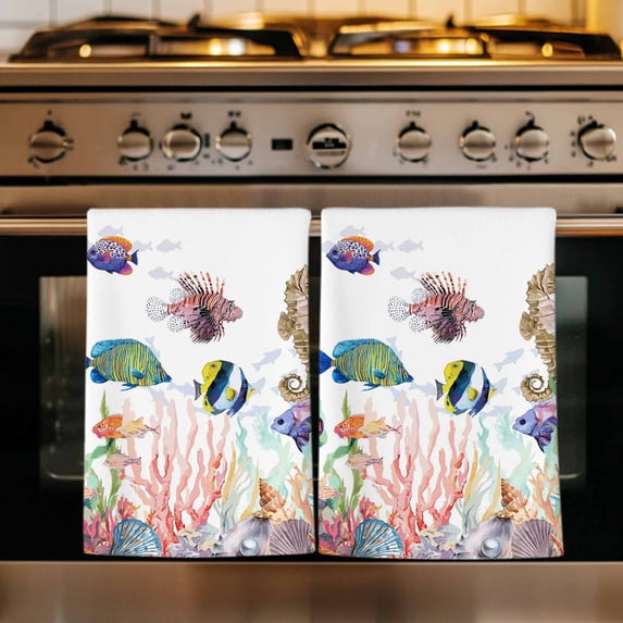 Seahorse Coastal Kitchen Towels Set of 1, Nautical Ocean Summer Beach Coral Shell Sea Absorbent Dish Towels for Kitchen, Microfiber Hand Towel, Quick Drying Tea Towel for Cleaning Dishcloths