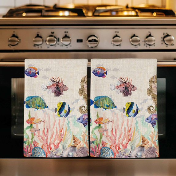 Seahorse Coastal Kitchen Towels Set of 3, Nautical Ocean Summer Beach Coral Rustic Absorbent Dish Towels for Kitchen, Microfiber Hand Towel, Quick Drying Tea Towel for Cleaning Decorative Dishcloths