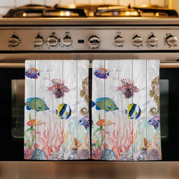 Seahorse Coastal Kitchen Towels Set of 4, Nautical Ocean Summer Beach Coral Wooden Absorbent Dish Towels for Kitchen, Microfiber Hand Towel, Quick Drying Tea Towel for Cleaning Decorative Dishcloths