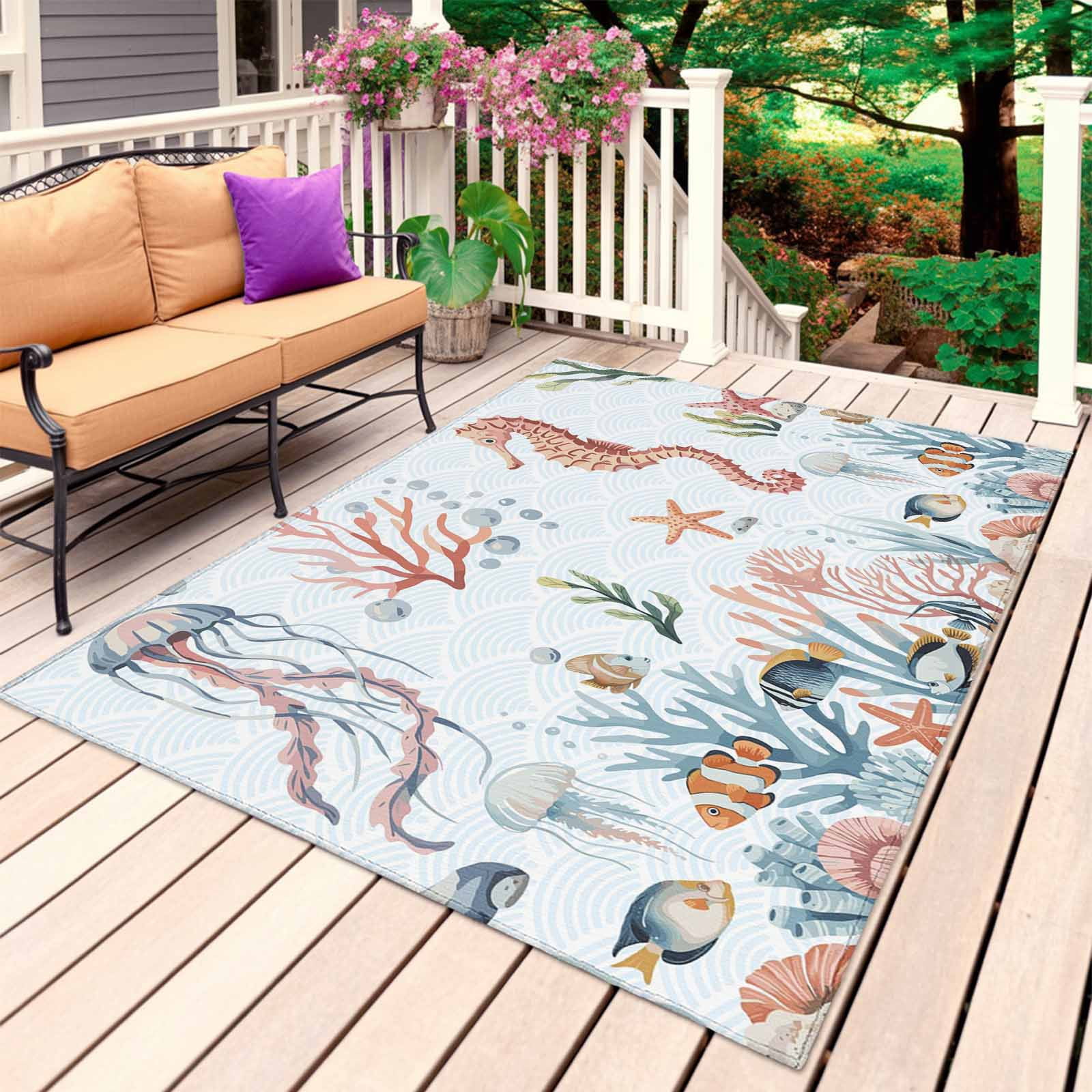 Seahorse Coastal Outdoor Rug 3x5 Ft, Non Slip Washable Area Rug, Summer Beach Ocean Shell Jellyfish Starfish Patio Rugs Carpet Runner, Large Floor Mat for Indoor/Outdoor Deck Porch Camping