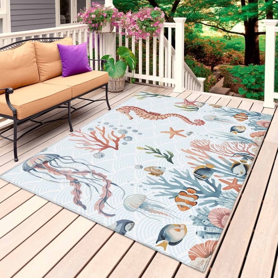 Seahorse Coastal Outdoor Rug 3x5 Ft, Non Slip Washable Area Rug, Summer Beach Ocean Shell Jellyfish Starfish Patio Rugs Carpet Runner, Large Floor Mat for Indoor/Outdoor Deck Porch Camping