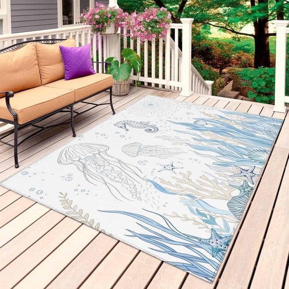 Seahorse Coastal Outdoor Rug 5x7 Ft, Non Slip Washable Area Rug, Summer Beach Ocean Nautical Coral Patio Rugs Carpet Runner, Large Floor Mat for Indoor/Outdoor Deck Porch Camping